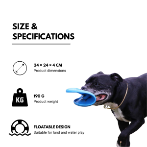 Fly It Blue specifications showing 24 by 24 by 4 cm dimensions, 190 gram weight and floatable design