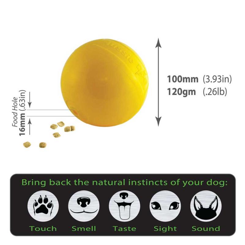 yellow tucker ball with measurements around the outside. and the 5 senses of dogs at the bottom