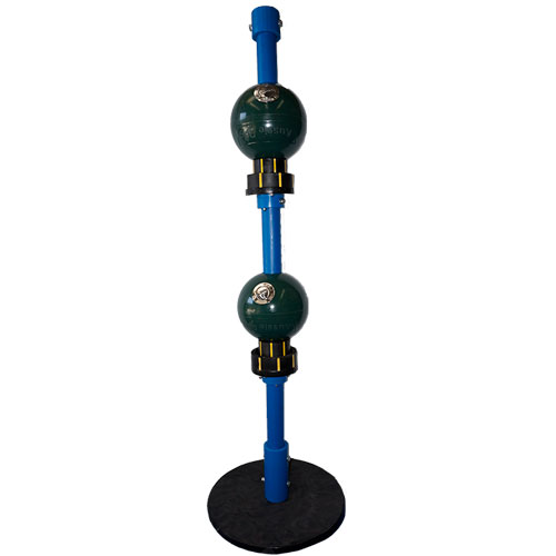 long blue pole with two green balls and seat