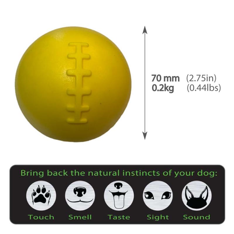 yellow dura ball with sizing on the right hand side, and the 5 senses of a dog along the bottom