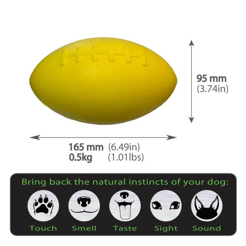 yellow dura footy with sizing on the right hand side and below, and the 5 senses of a dog along the bottom