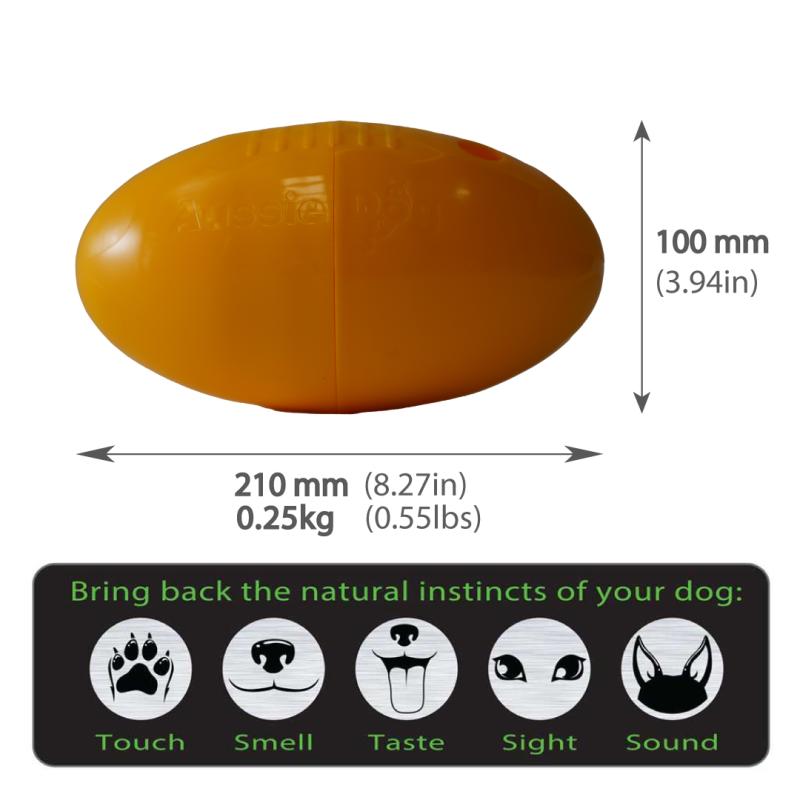 yellow footy feeder size guide with measurements to the right and below image. also has a dogs 5 scenes along the bottom