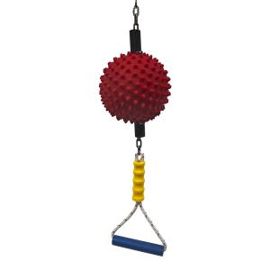 spiky red ball suspended from chain with handles